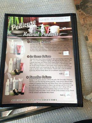 Pedicure menu