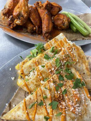 Street corn quesadillas and Buffalo wings