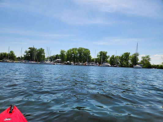 Paddling to the marina from our kayak