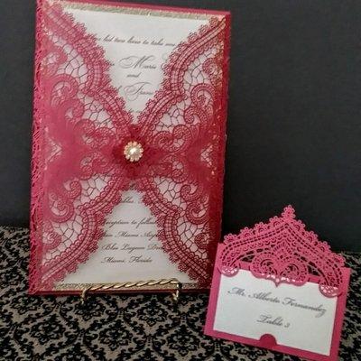 New laser cut invitation and placecard in beautiful claret.