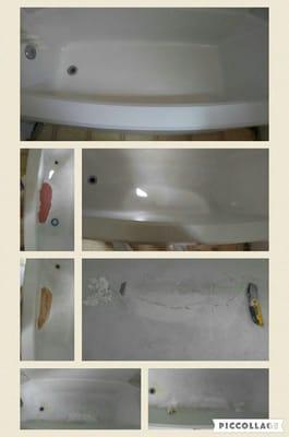 A before and after picture of a damaged old tub. Our skilled technicians can make almost anything look beautiful again!