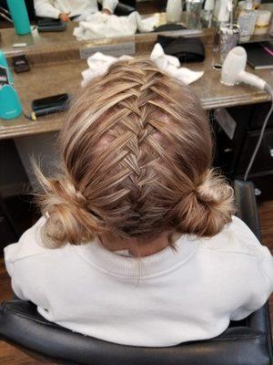 Super cool waterfall braid into messy buns