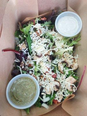 Mixed Greens Salad, Mixed Cheese, Mushroom, Tomatoes, Onion, and Avocados with either Ranch Dressing or Basil  Dressing