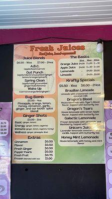 Fresh Juice Menu