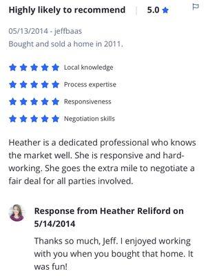 Review of Heather Reliford from Zillow