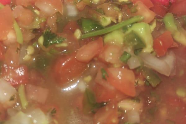 Pico de Gallo: Also known as salsa fresca (note addition of fresh avocado and corn kernels)