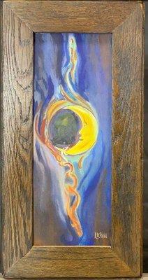 Moon#3. Oil on panel. 20.5 x 10.5 including handmade salvaged oak frame. $180