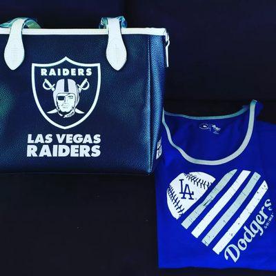 My Mother's Day gifts frm my husband a Dodger tank top and a Raider purse love them