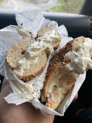 Lightly toasted everything bagel with plain cream cheese.