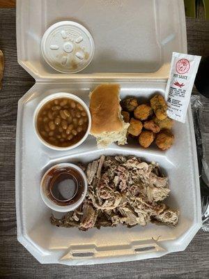 BBQ Pork Plate, Fried Okra, Baked Beans