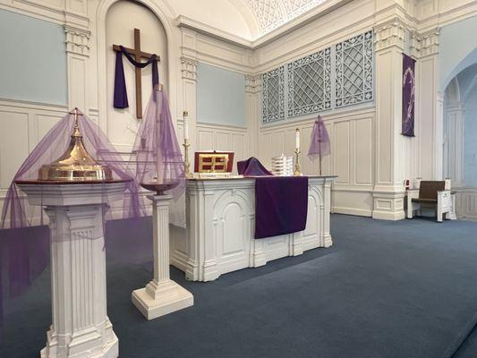 The sanctuary dressed for Lent.