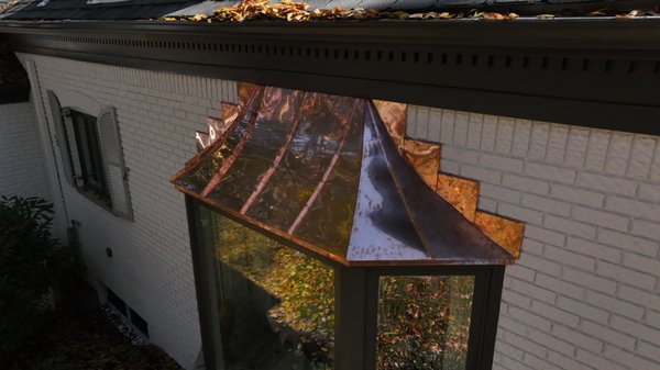 Curved bay window copper standing seam