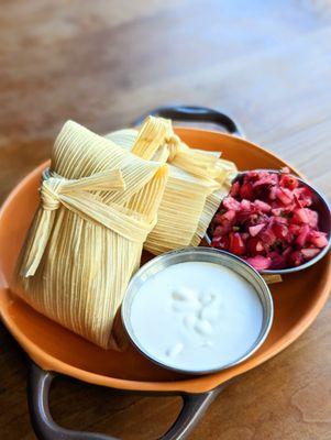 Sweet Corn Tamales with crema, salsa fresca