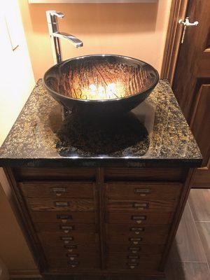 Antique Vanity with custom top to match vessel bowl