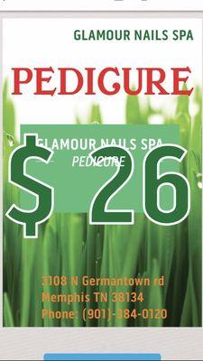 Pedicure $26 (appointment)  Fullset. $26 Gel manicure $26 Dip $31........  3108 n Germantown rd Memphis tn 38133