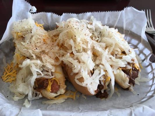 3 coneys with everything and add kraut