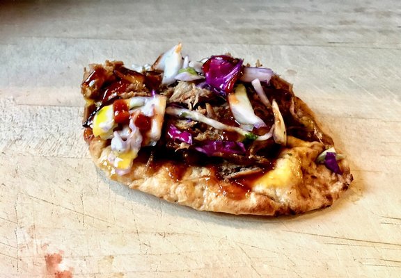 Flat bread style street food!
This is the pineapple pork slaw slather! Yum!