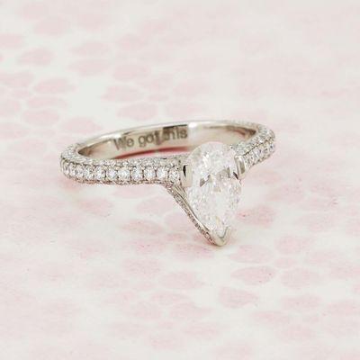 Pear Shaped, multi row micro pave, platinum, diamond engagement ring.