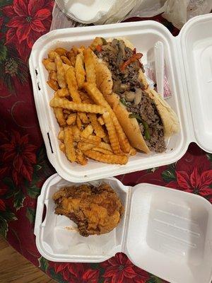 Steak cheesecake and one fried chicken (very juicy)!