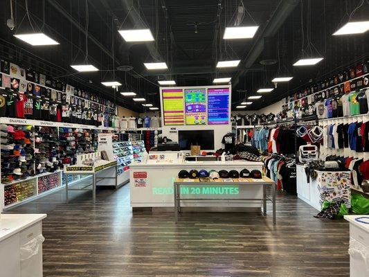 Store interior
 Custom design t-shirts and hats