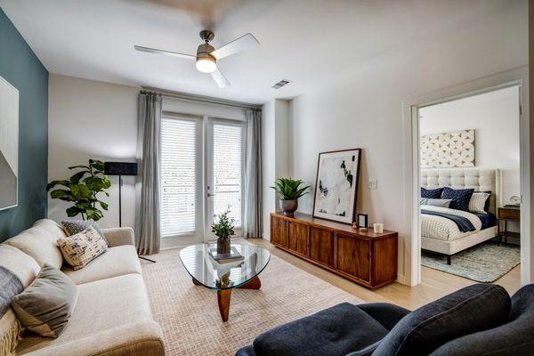 Spacious living room with wood-style flooring