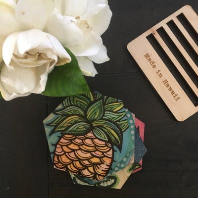 Birchwood coaster set, featuring artwork by local Hawaii artist Danielle Groff.