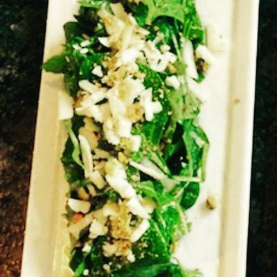 Spinach kale arugula salad... Mint, parsley, roasted pistachios, pecorino Romano, lemon, Italian extra virgin oil.