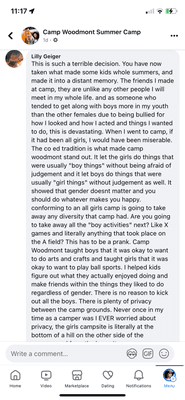 A public comment made by a camp parent on the camp's Facebook page.