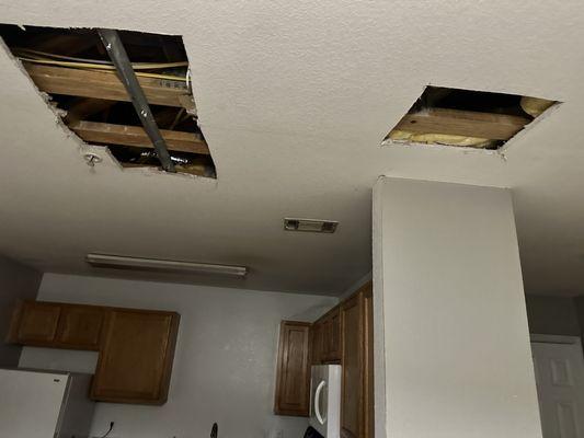 Holes in ceiling going on to 3 months left not repaired from a leak from upstairs