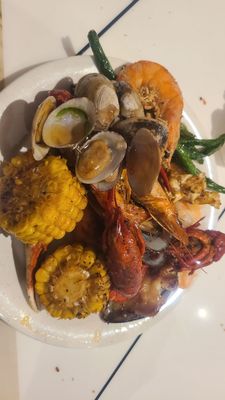 Clams, Cajun  seafood boil, green beans stir fried