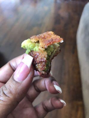 Bacon wrapped avocado. Deep fried