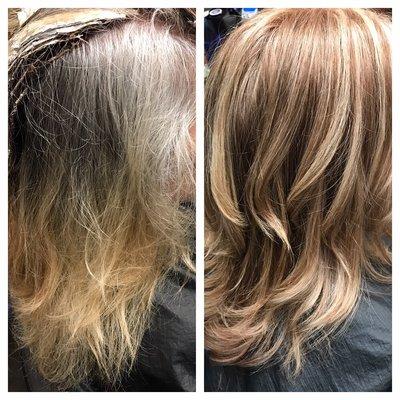 This woman said going gray made her feel invisible. I gave her a base color and painted on new highlights for brightness