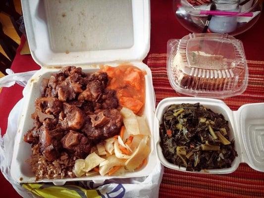 Maxwell's Oxtails  .. Rice & peas .. Cabbage .. Collard greens .. Candied yams & Carrot cake