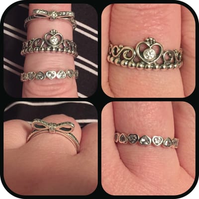 Sterling silver rings from the Pandora collection. They are so pretty. I went to buy the bow ring and left with 3 rings.