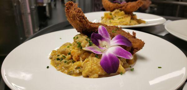 Kanuku Metemgee with Fried Red Snapper Served over Guyanese Creole Stew with Hot Peppery Coconut Milk Sauce