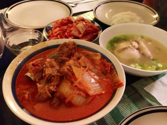 Fantastic dinner. Kimchee Soup and Korean chicken soup.