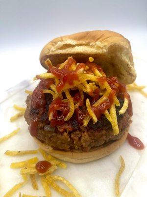 La Frita Cubana! A Beef and Chorizo Patty with Plantain Shoestring Fries and Sweet Ketchup!