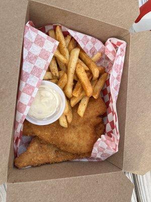 Fried flounder meal with old bay fries and tarter sauce.