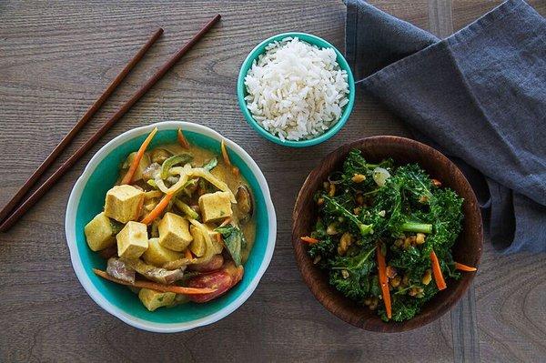 Veggie Tofu Coconut Curry, White Rice, Kale Salad