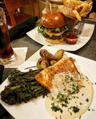 The Dinner! Salmon w a delicious sauce, broccoli rabe, and potatoes