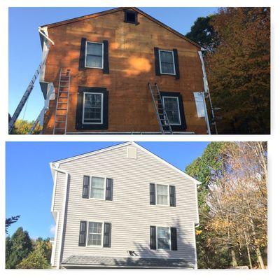 Top: before picture of old siding Bottom: finished new siding