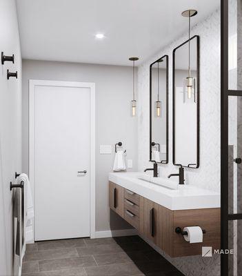 San Francisco bathroom with double sink and door, featuring a modern vanity and tile backsplash.