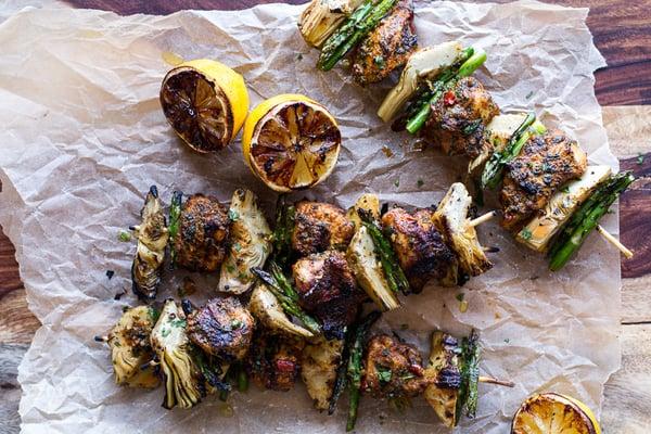 Spring, Veggie-+-Lemon Moroccan Chicken Skewers-with Minted Goat-Cheese Yogurt