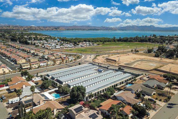 Aerial view of Grand Avenue Self Storage with Lake Elsinore in the background.