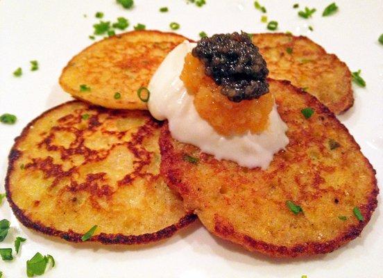 Fresh corn cakes with caviar