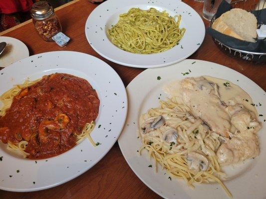 linguini with pesto sauce, linguini with meat sauce and mushrooms, and pasta ala nancy