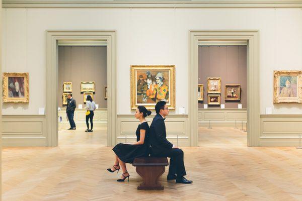 a bride and groom patiently waiting at the metropolitan museum of art