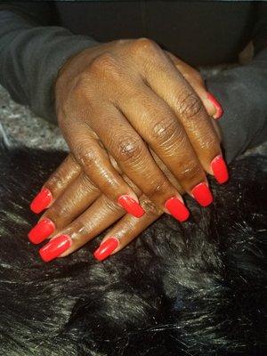 Red gel polish Acrylic overlay natural nails.