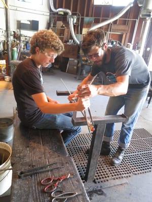 Working glass on the bench.