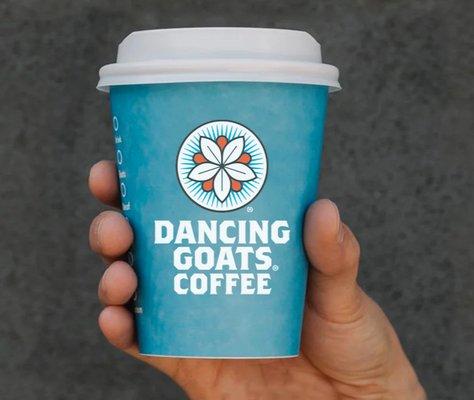 Dancing Goats Coffee iconic blue to-go cup